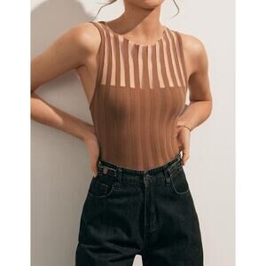 Commense Ribbed Knit Cutout Tank Top Brown Sleeveless Mock Neck Y2K Chic Med